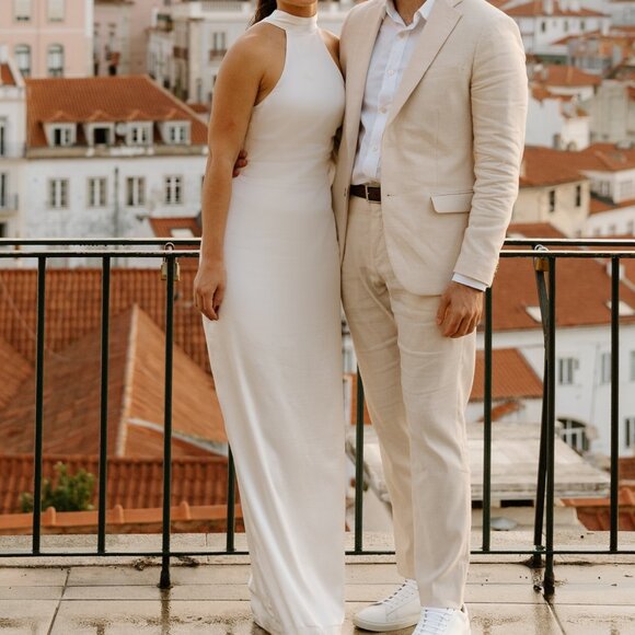 Elegant White Maxi Dress Open Back XS - Meshki Claire Satin Drape Halter Neck - Picture 6 of 11